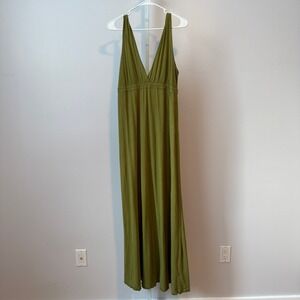 Gypsy 05 sz L Green Maxi Dress Deep V Neck Cotton Jersey Vacation Beach